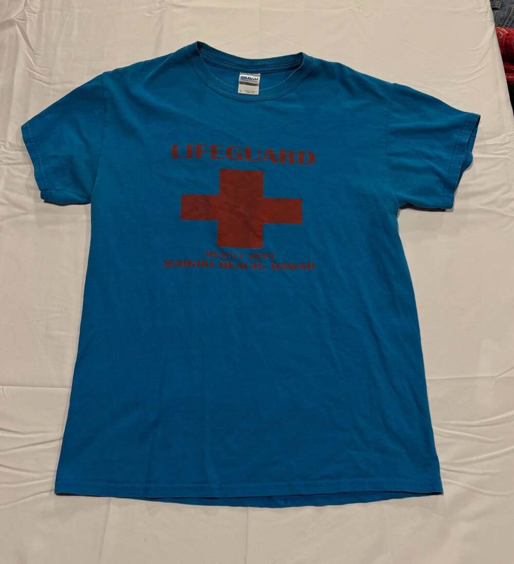 Y2K Gildan Heavy Cotton Lifeguard Rescue Dept Waikiki Beach Hawaii Blue